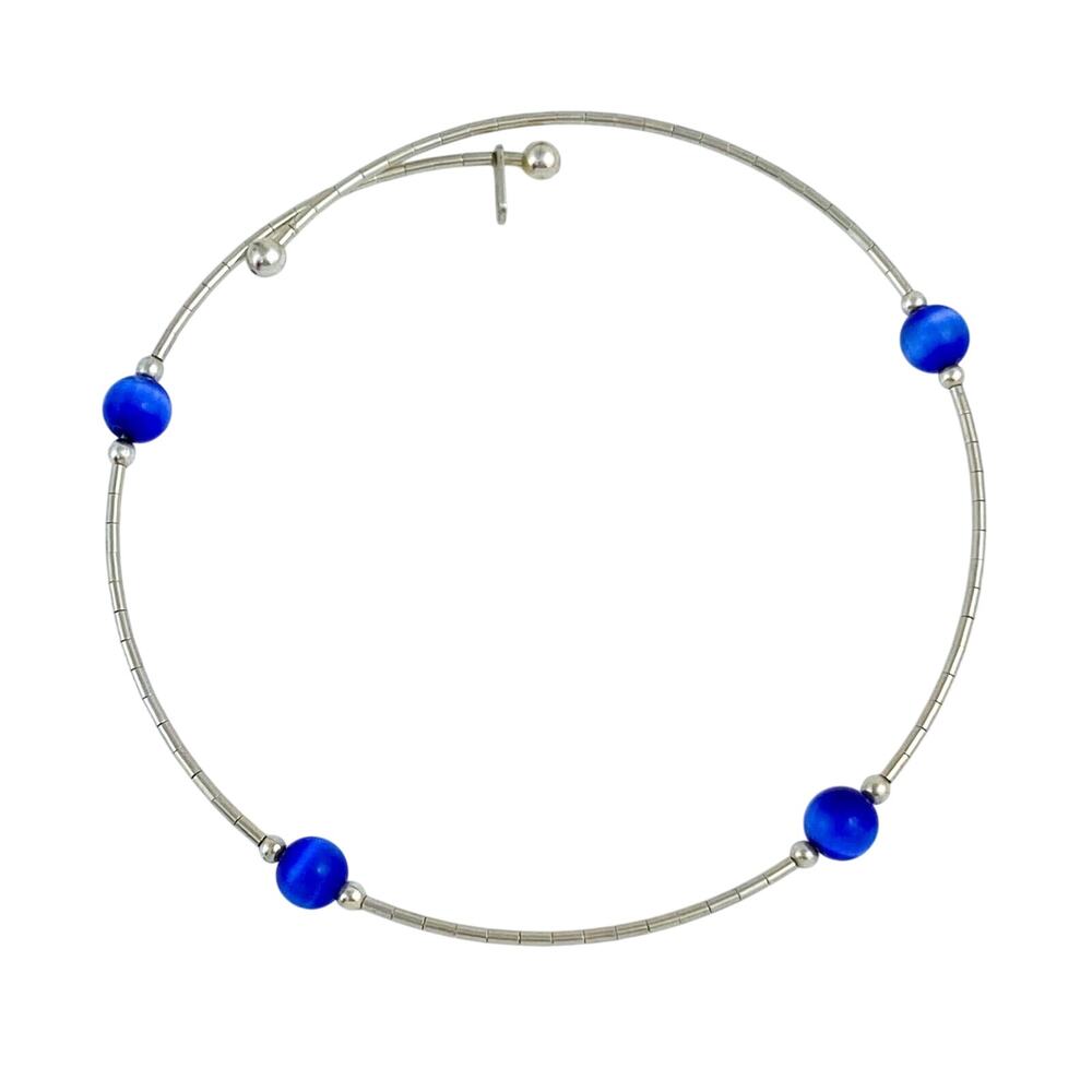 Vintage Sterling Silver Blue Cat’s Eye Memory Wire Bracelet | 7.5”